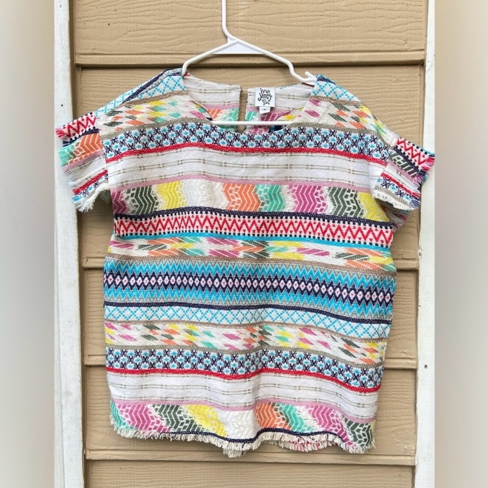 Ivy Jane All Over Embroidered Colorful
Pattern Top with Fringe